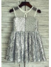 Silver Sequin Sheer Illusion Knee Length Tulle Flower Girl Dress 